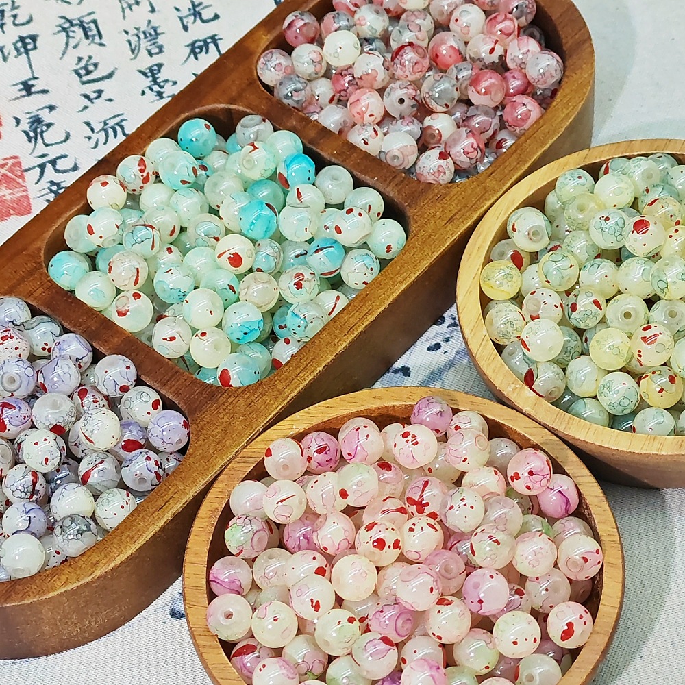 8/10mm glass beads, white jade material, ink-wash Chinese-style jewelry accessory beads, gold-sprinkled scattered beads, stringing material Application Scenario