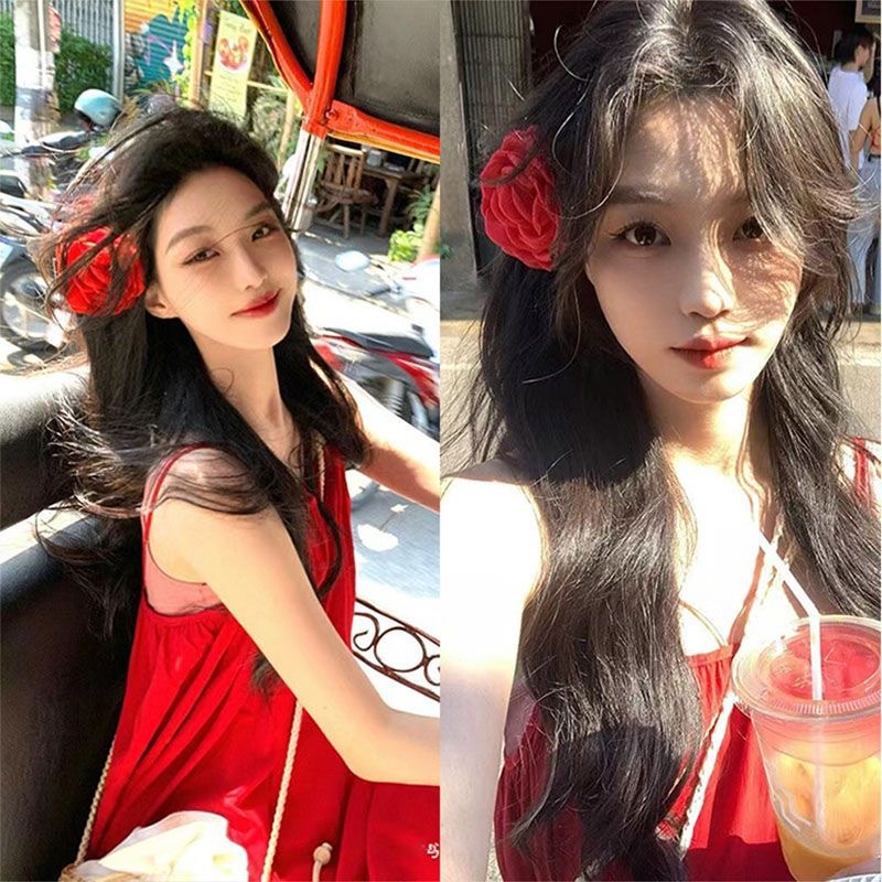 2024 New retro big red flower grab clip, large shark clip headpiece, rose hairpin, women's back of the head hairpin Application Scenario