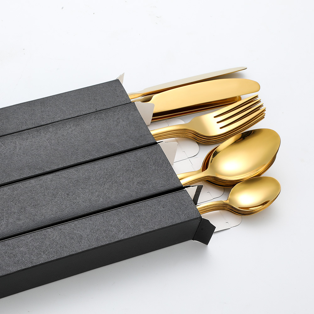 A 24-piece golden stainless steel tableware set with five main items: knife, fork and spoon, and a black high-end gift box set pic 7