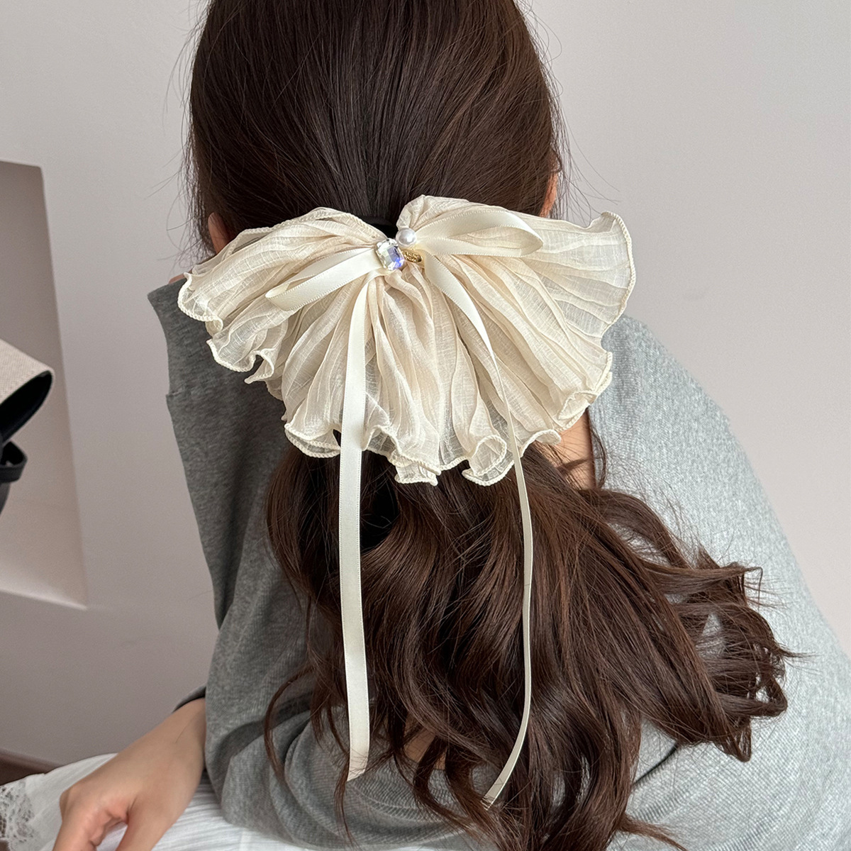 Korean pleated elegant ribbon hair bands, high-end style, ponytail hair ties, hair flowers, versatile hair accessories, simple hair ties and headwear details Picture