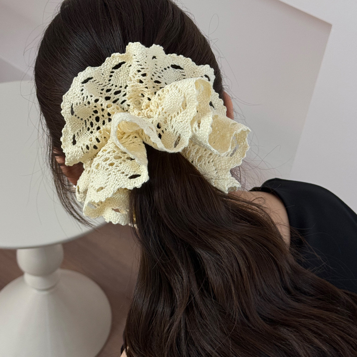 New stylish large-sized hair band for women, multi-layered sweet large intestine hair band, embossed embroidery, hollowed-out lace edge headwear, hair tie details Picture