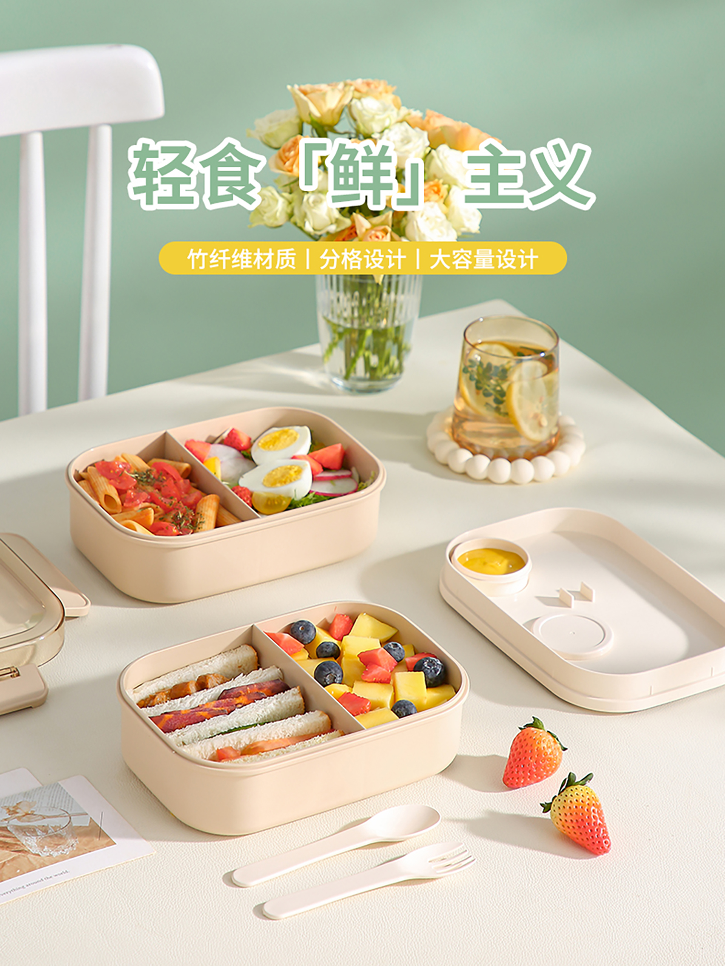 【CL】26Q2#7770 纤竹二分格沙拉饭盒（1300ml） 2分格 1.3L 清详情1