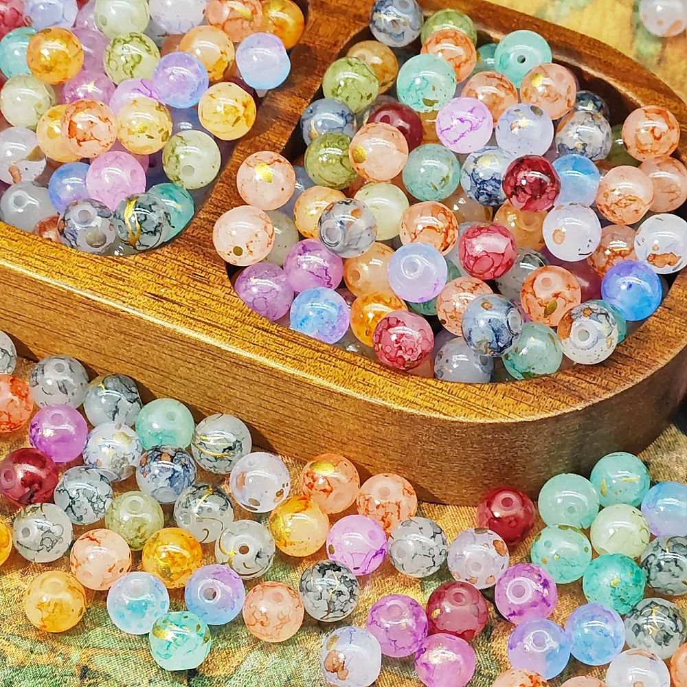 8/10mm glass beads, white jade material, ink-wash Chinese-style jewelry accessory beads, gold-sprinkled scattered beads, stringing material undefined
