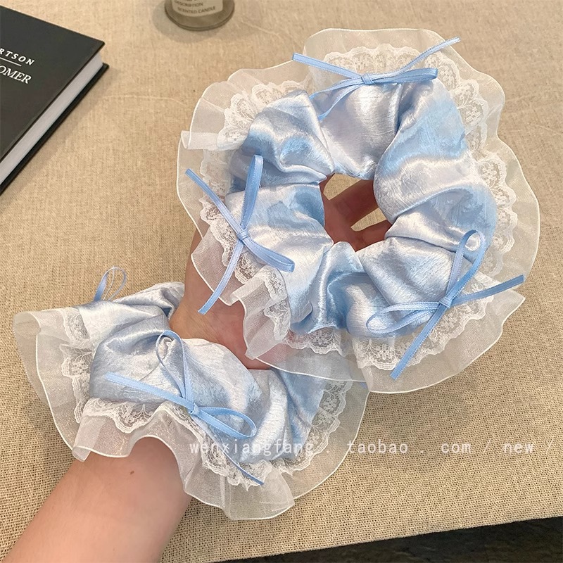 Sky blue satin bow long silk lace large intestine hair band 2025 new style sweet tie hair band rubber band headwear for women full image