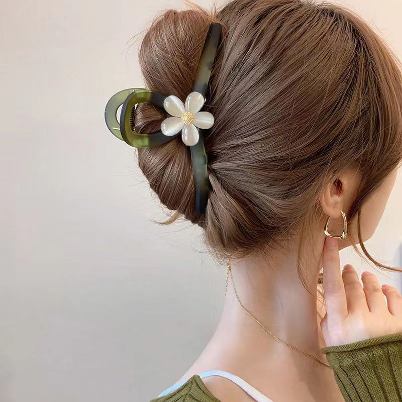 Green amber cat's eye stone matte scratch-off women's 2024 new high-end floral hair clip, updo shark clip headwear Specification image
