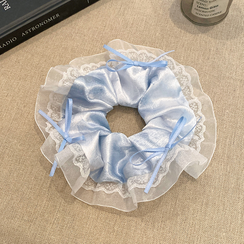Sky blue satin bow long silk lace large intestine hair band 2025 new style sweet tie hair band rubber band headwear for women undefined