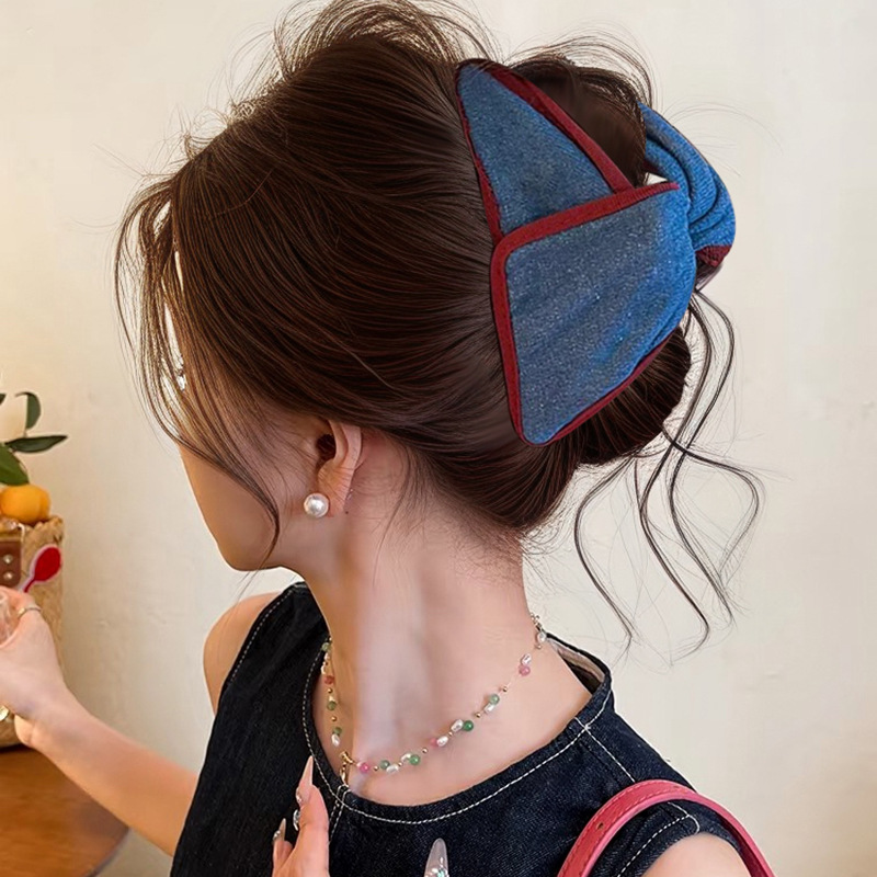 Bow denim triangle clip for women 2025 new style high-end shark clip full back of the head hair clip headwear undefined