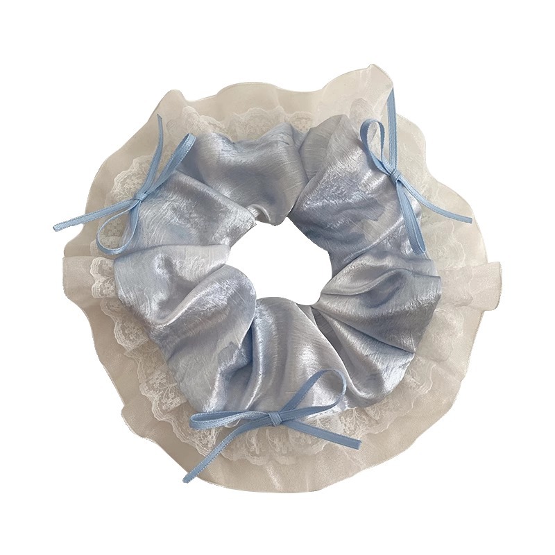 Sky blue satin bow long silk lace large intestine hair band 2025 new style sweet tie hair band rubber band headwear for women Item Picture