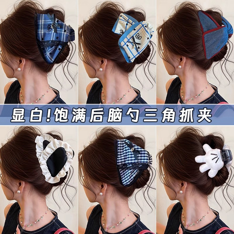 Bow denim triangle clip for women 2025 new style high-end shark clip full back of the head hair clip headwear full image