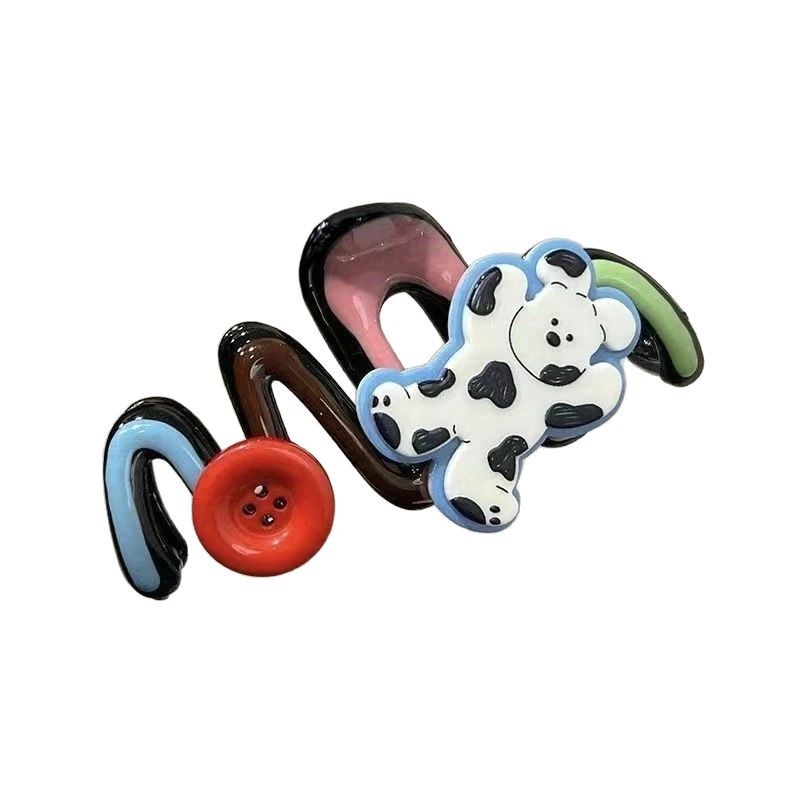 Cute black and white dog button gripper, gradient contrasting color wave shark clip, back head plate hair clip, thick hair clip Item Picture