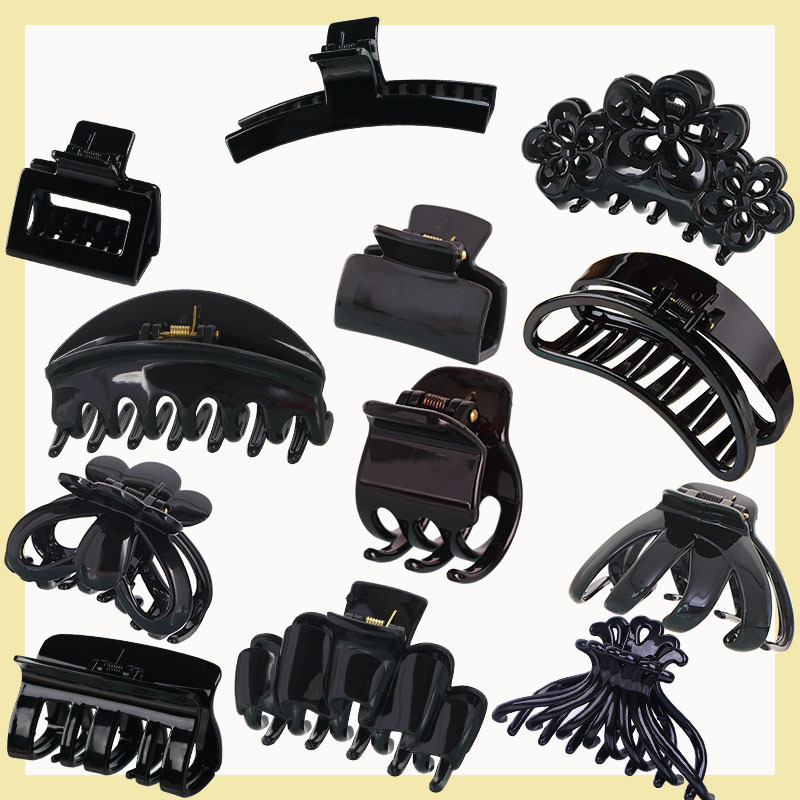 Black large grabber, large, medium and small plastic shark clips, top clips, bangs, hair clips, high ponytail, versatile hair clips and hair accessories details Picture