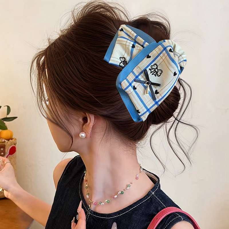 Bow denim triangle clip for women 2025 new style high-end shark clip full back of the head hair clip headwear undefined