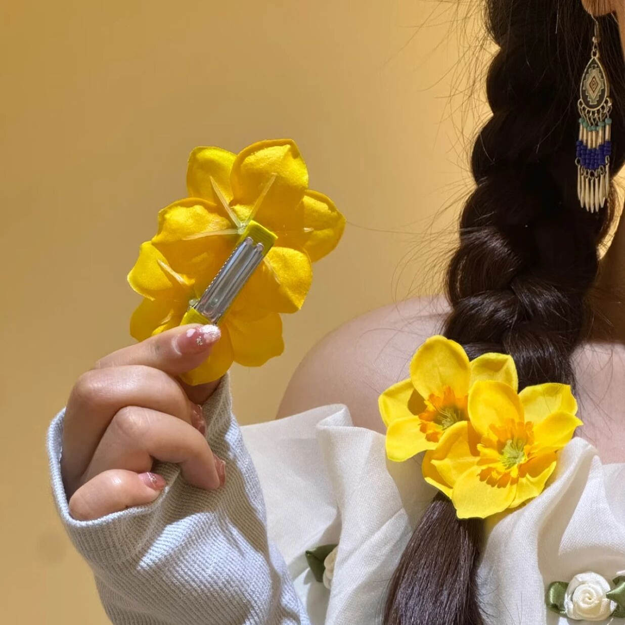 海边度假风扶桑花发夹女波西米亚黄色双生花朵发饰甜美侧边刘海夹 Specification image