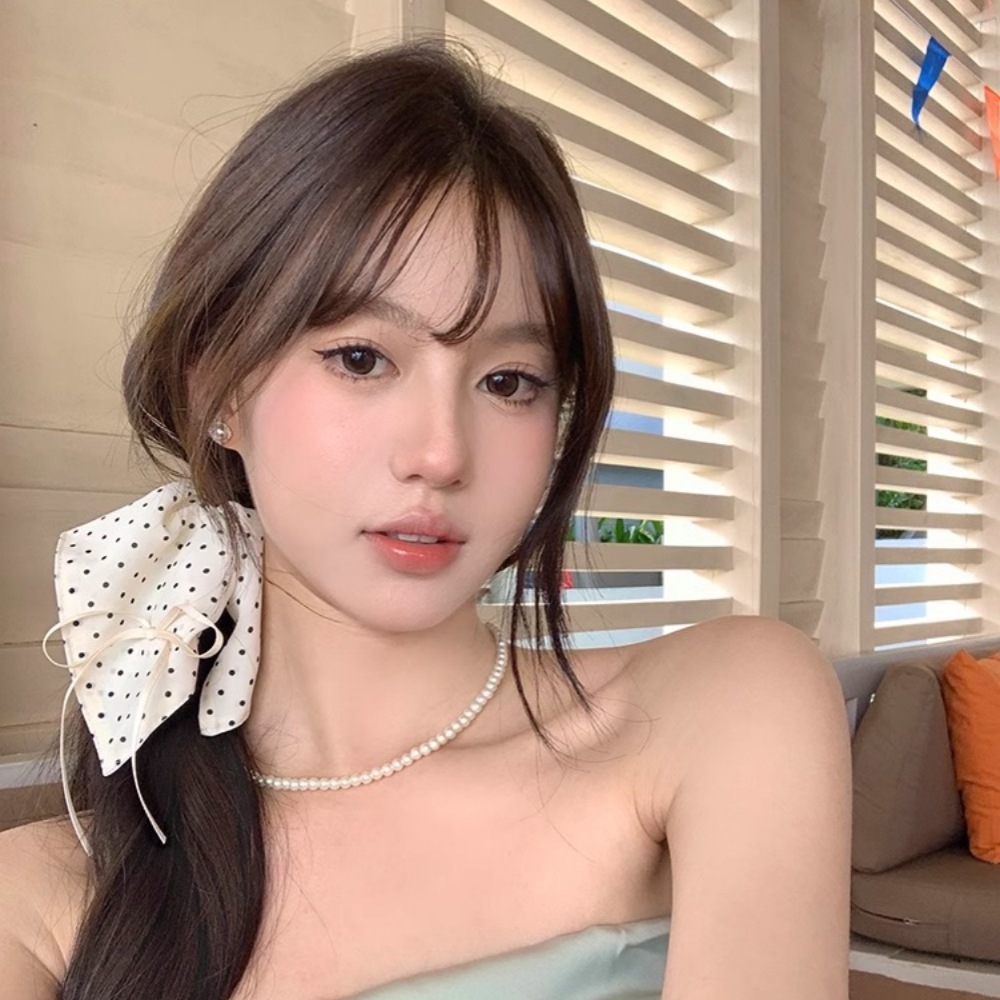 简约米色波点方巾蝴蝶结发圈头绳发饰女法式时尚马尾飘带发绳头饰 details Picture