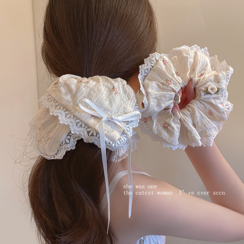 Elegant Camellia floral lace fringed large intestine hair band 2025 new style Korean-style gentle and high-end large headband for women full image