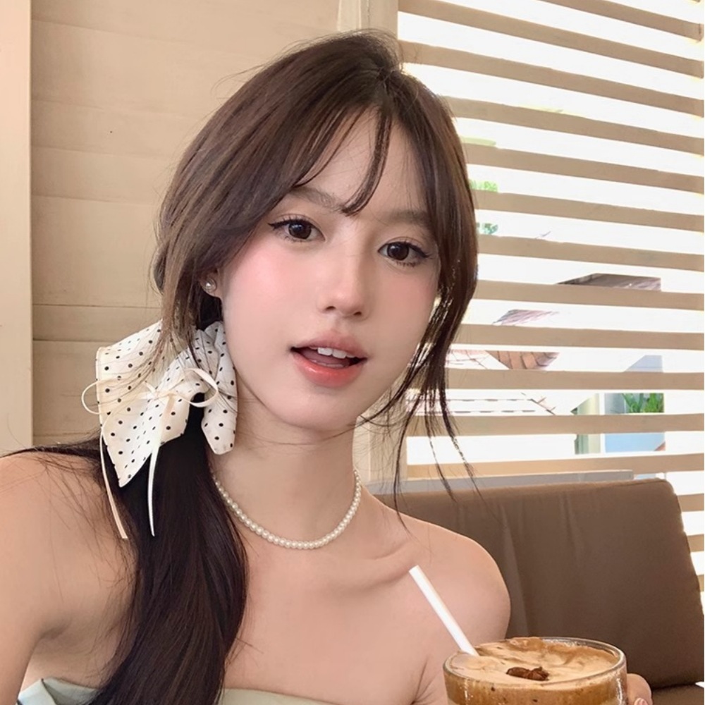 简约米色波点方巾蝴蝶结发圈头绳发饰女法式时尚马尾飘带发绳头饰 Specification image