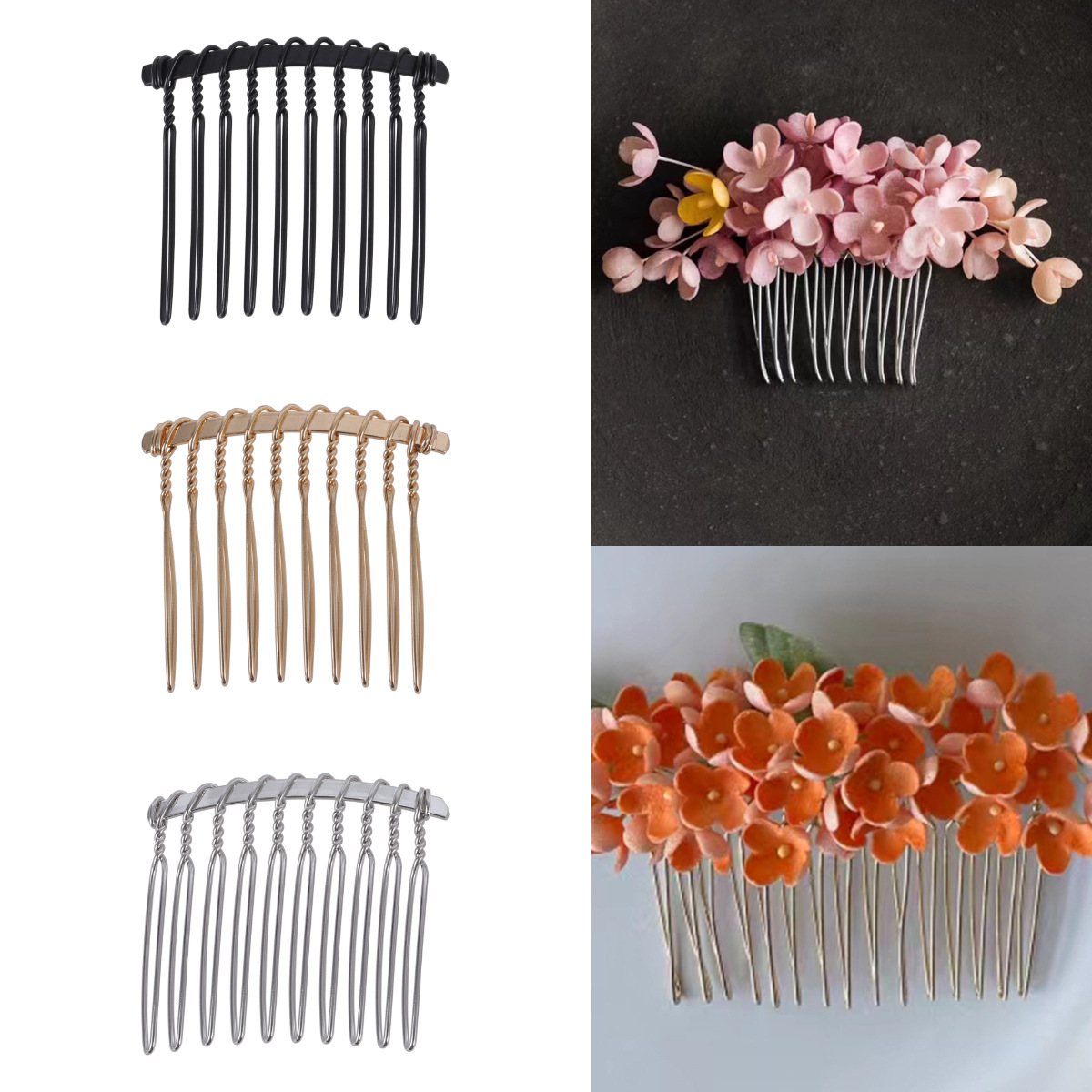 10-tooth metal insert comb wrapped with fabric, DIY twisted hair comb, black iron wire insert comb, wholesale hair comb accessories full image
