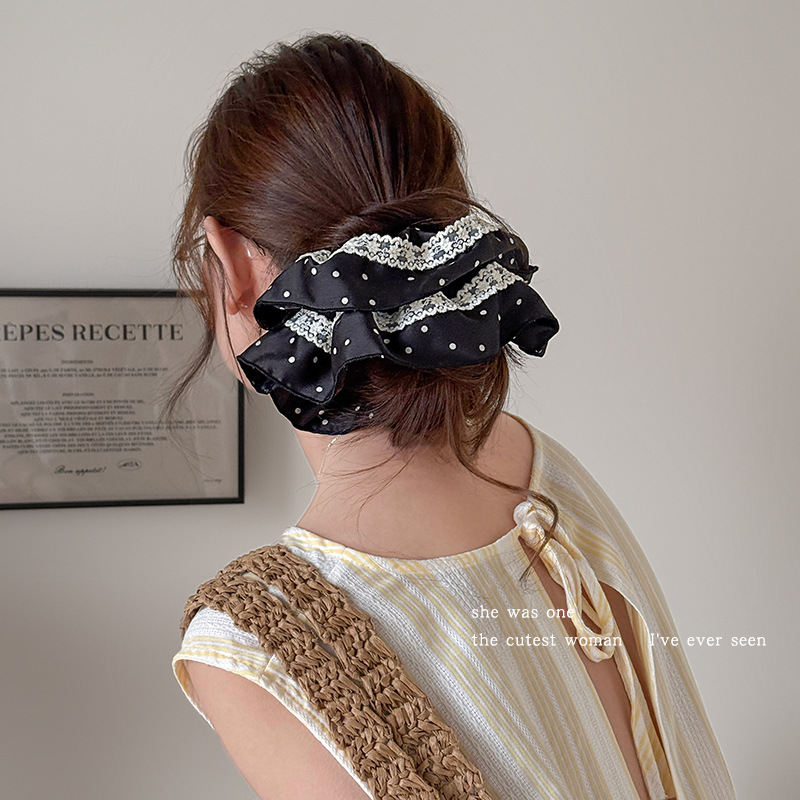 French lace polka dot large intestine hair tie for women with a high-end look, bun hair tie, ponytail, oversized hair flower hair tie details Picture