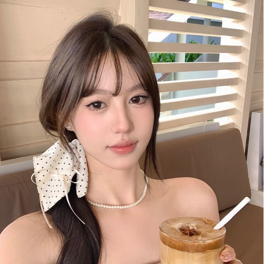 简约米色波点方巾蝴蝶结发圈头绳发饰女法式时尚马尾飘带发绳头饰