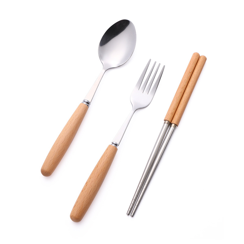 不锈钢酒店西餐具套装创意日式圆木柄牛排刀叉勺筷户外便携餐具 Item Picture