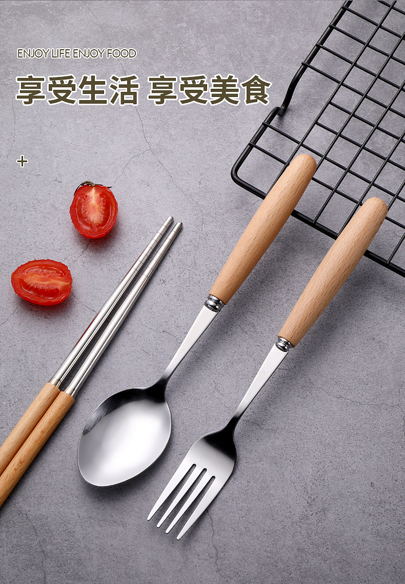 不锈钢酒店西餐具套装创意日式圆木柄牛排刀叉勺筷户外便携餐具 pic 5