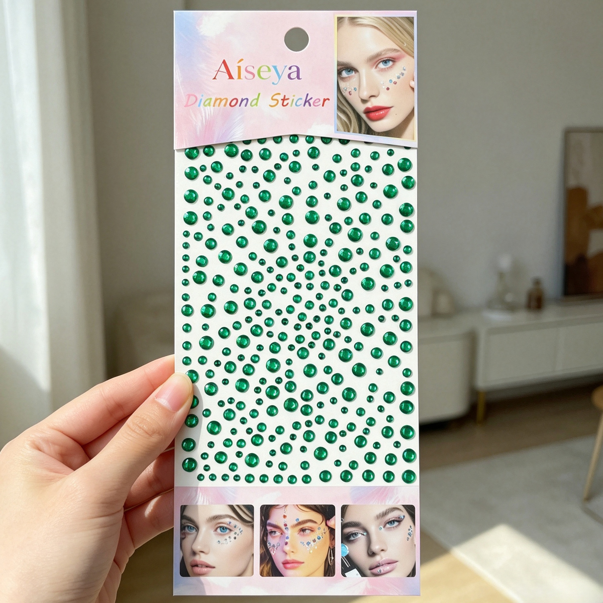 Deep green starry sky diamond stickers, stage style pair eye makeup bright diamond stickers, self-adhesive back glue, handcrafted decoration, large and small mixed diamonds