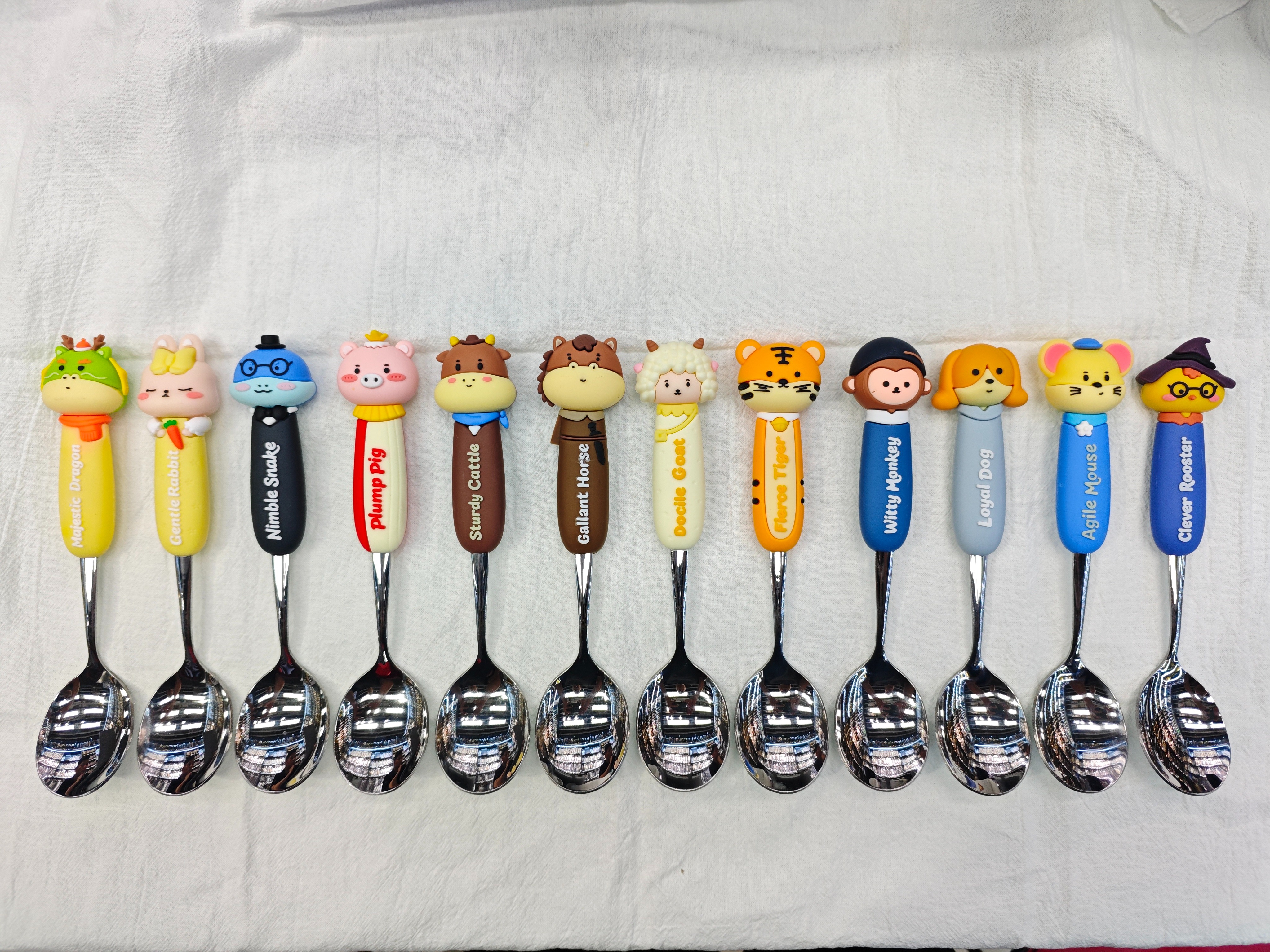 Cartoon animal silver stainless steel spoon and fork 410 Twelve Chinese zodiac animal spoon and fork pic 1