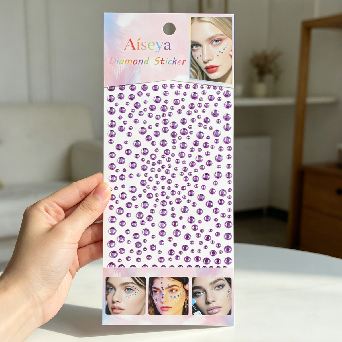 Luz púrpura gypsostar cara broca parches tamaño diamante redondo maquillaje de escenario maquillaje de ojos diamantes brillantes manicura estuche de teléfono DIY autoadhesivo diamante pegatinas