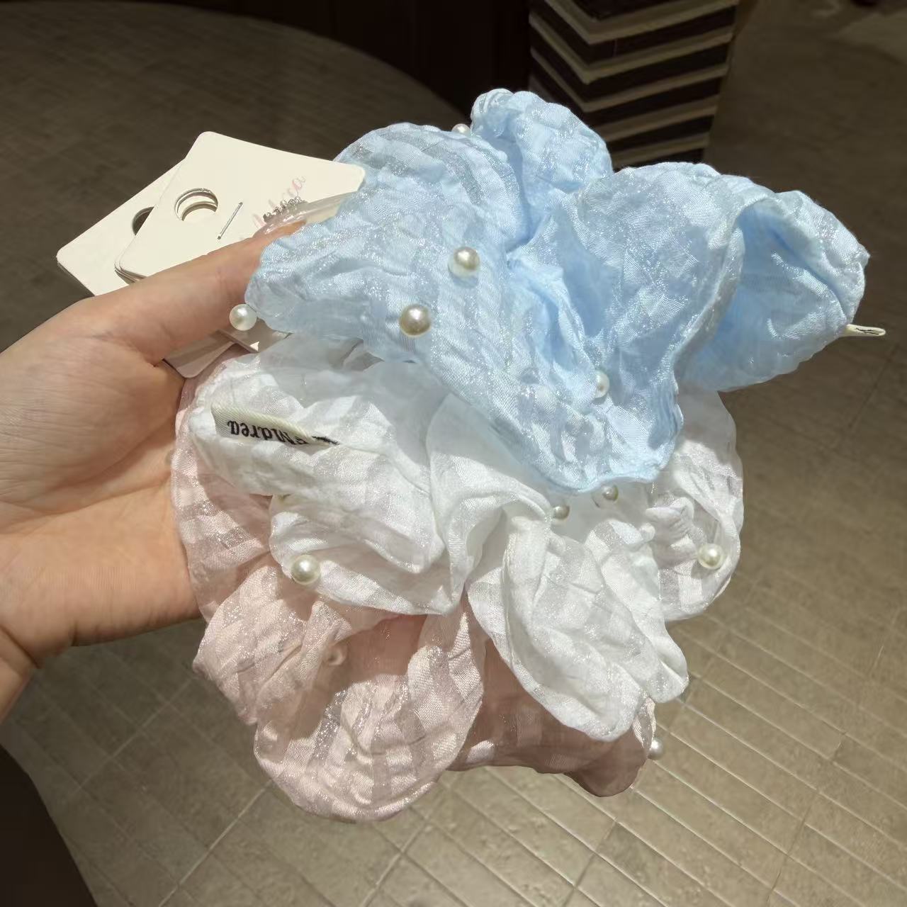 温柔风钉珠珍珠大肠发圈 柔光褶皱雪纺布艺发绳 清新头花发饰