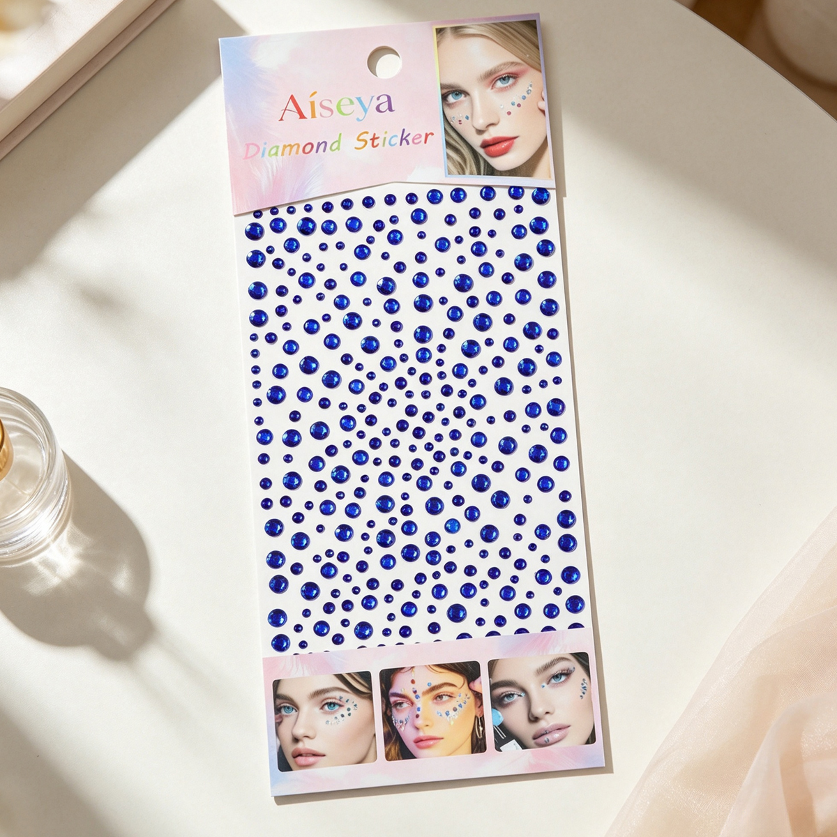 Full Sky Star Sapphire Blue round Diamond Facial patch diamond Stage Performance Makeup Eye Corner Decoration diamond Self-adhesive Diamond Patch Handmade DIY patch decoration Specification image