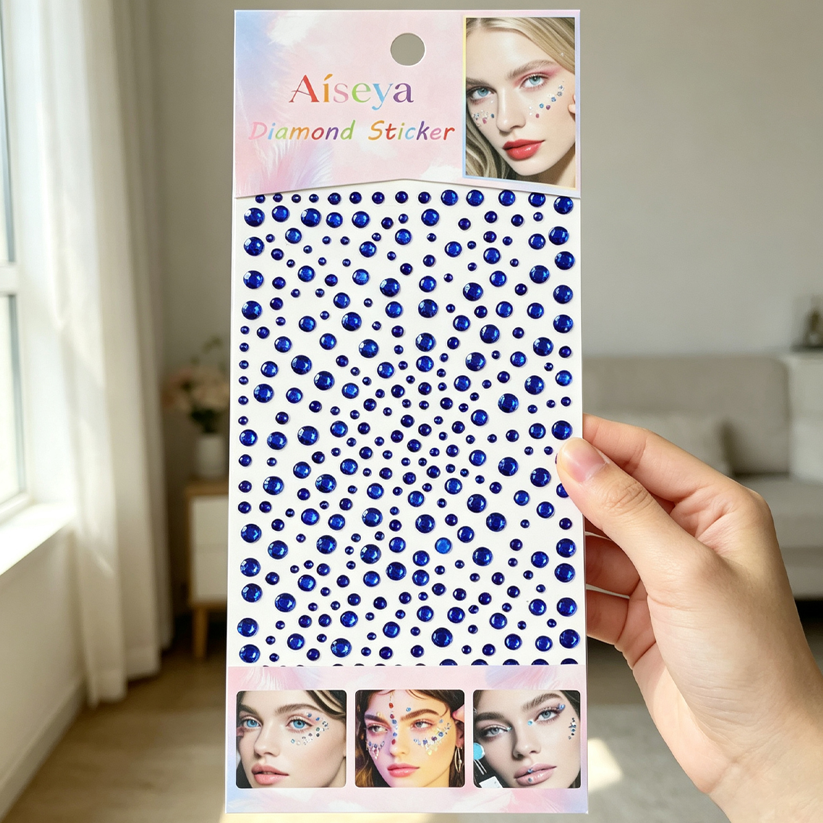 Full Sky Star Sapphire Blue round Diamond Facial patch diamond Stage Performance Makeup Eye Corner Decoration diamond Self-adhesive Diamond Patch Handmade DIY patch decoration