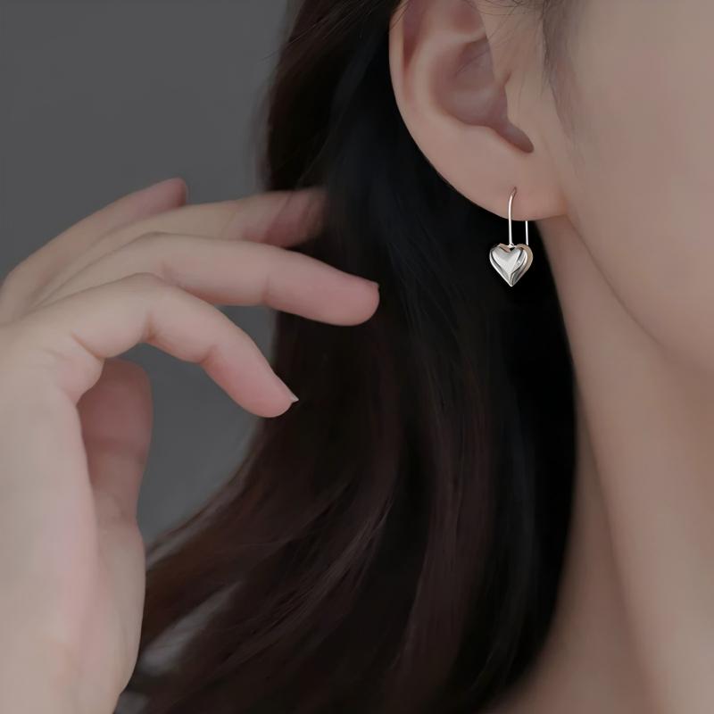 s925 pure silver simple three-dimensional heart-shaped ear stud hook pendant for women, a new, niche and high-end Japanese and Korean light luxury ear accessory details Picture