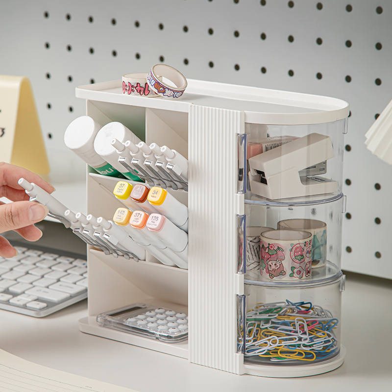 【CL】26Q2#8085 Diagonal desktop storage box, white rice, black clear Application Scenario