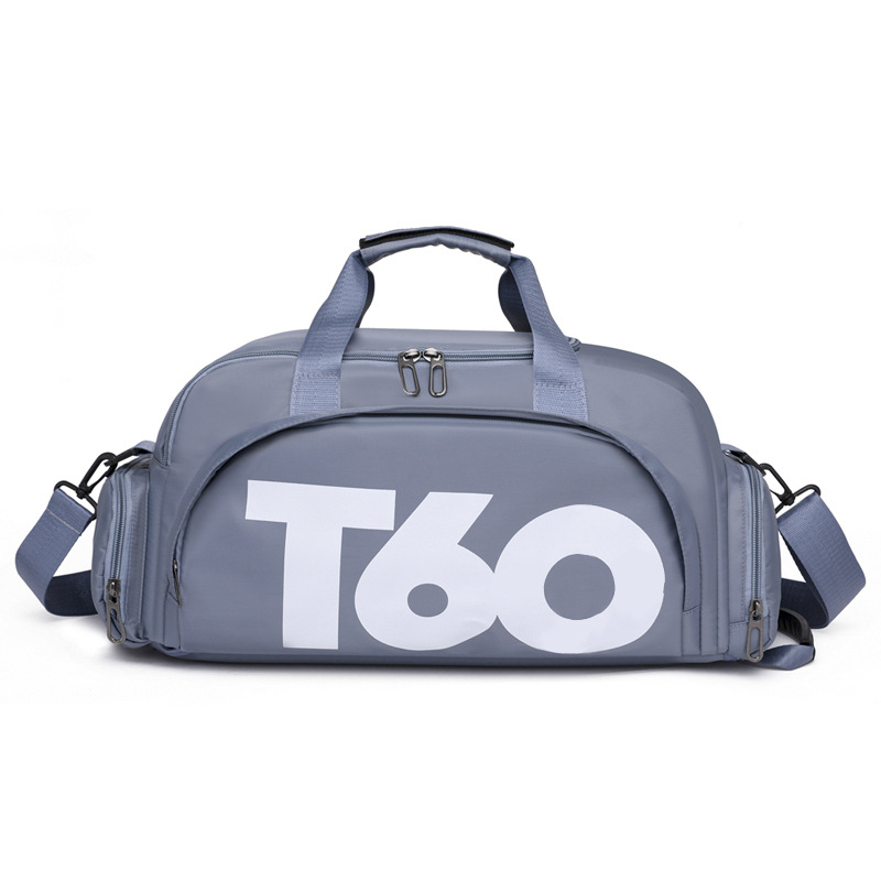 The T60 sports and fitness bag with letter print is a casual short-distance travel bag with an independent shoe compartment. It can be carried over the shoulder, by hand or crossbody Specification image