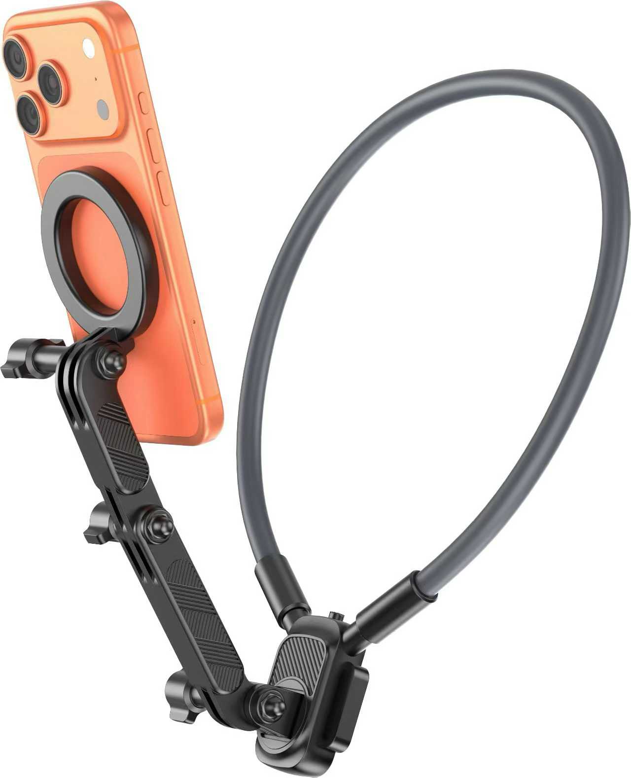 The new aluminum alloy neck-hanging phone stand can be rotated and adjusted by hand. It is a magnetic suction stand for cycling, sports and shooting phones