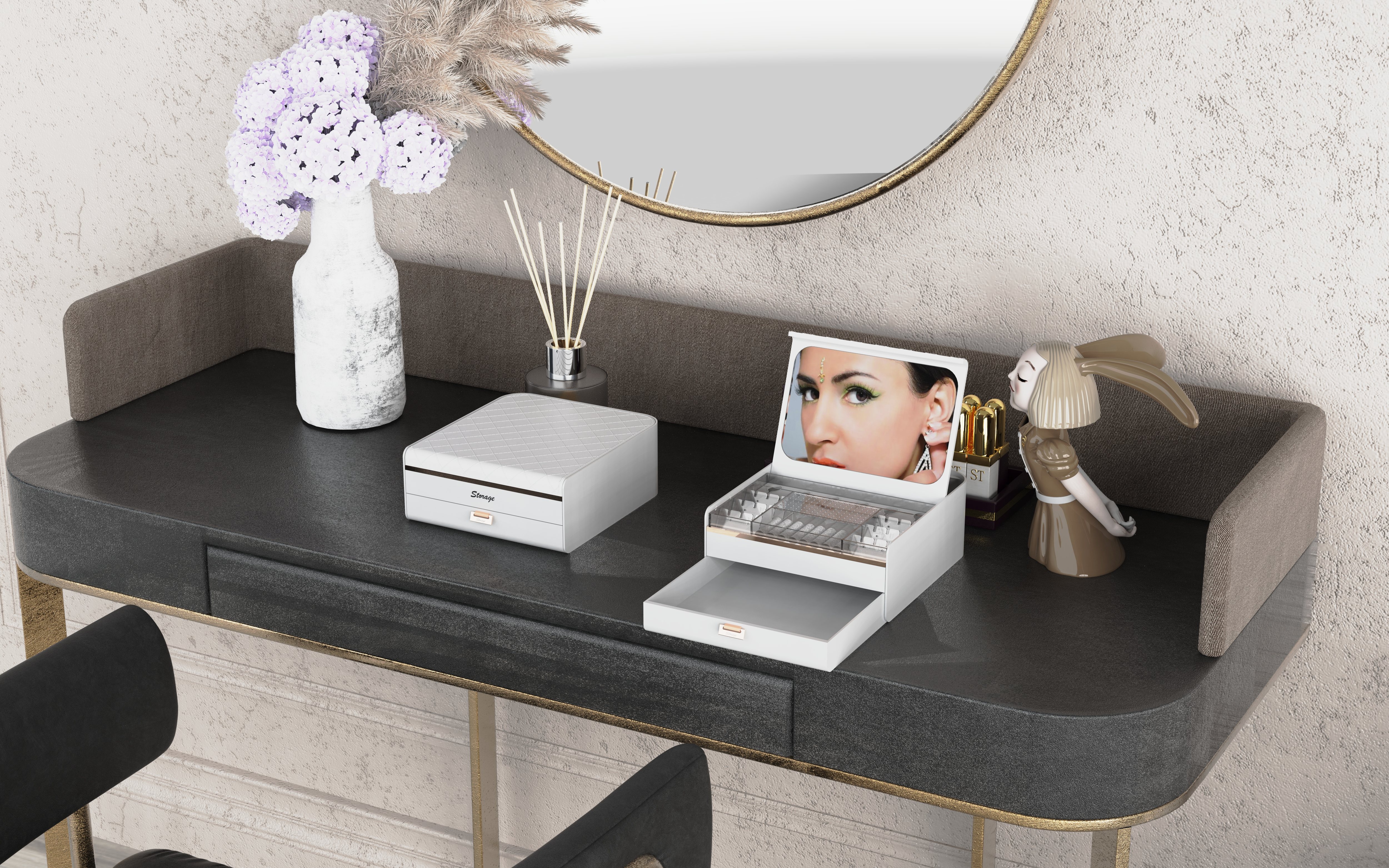 【CL】26Q2#2007 Jewelry Box with Mirror, White Gold/Silver Clear Application Scenario