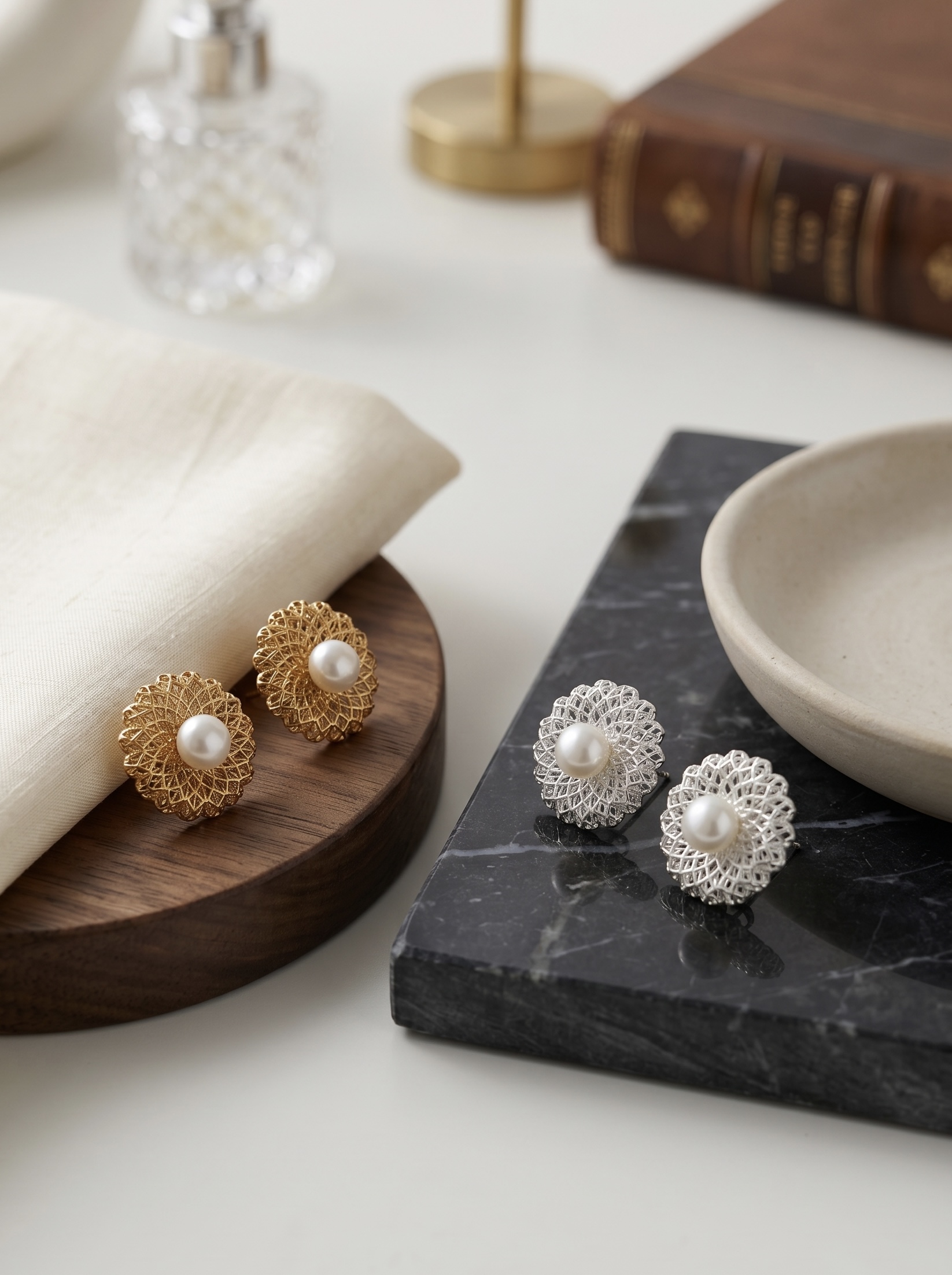 Gold and silver hollowed-out flower-shaped pearl stud earrings, a unique and elegant accessory for women and summer Application Scenario
