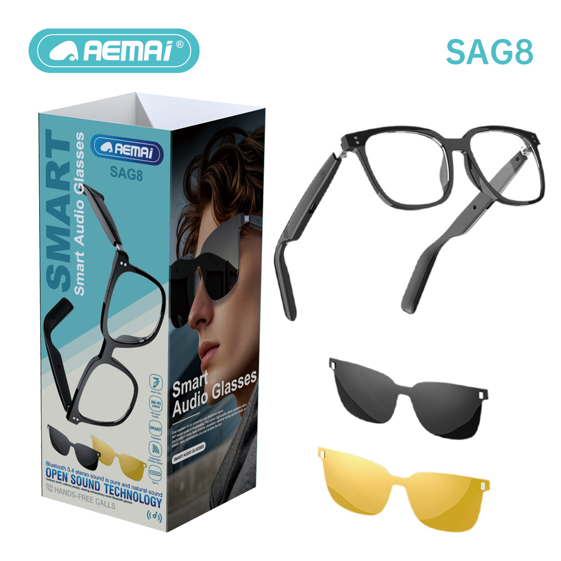 AEMAi Cross-border Smart Glasses SAG8 call anti-blue light polarized Bluetooth Music details Picture
