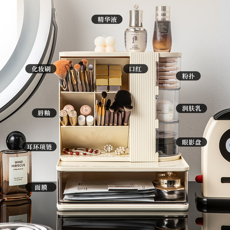 【CL】26Q2#8086 Multi-functional desktop Storage box, white rice and black clear Application Scenario