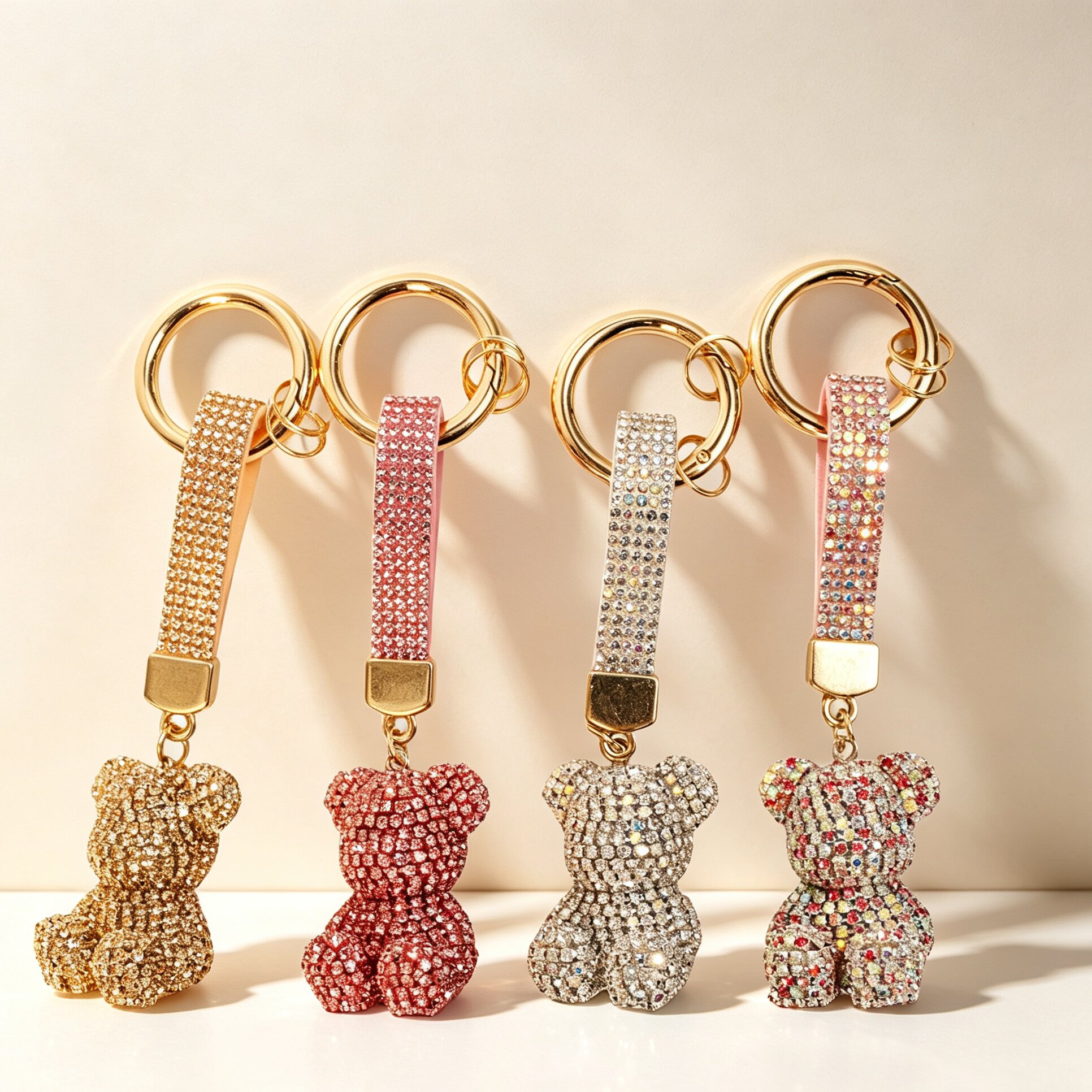 满钻坐姿暴力熊钥匙扣 Bear Keychain 立体镶钻小熊织带挂件女士包包挂饰汽车钥匙链跨境货源