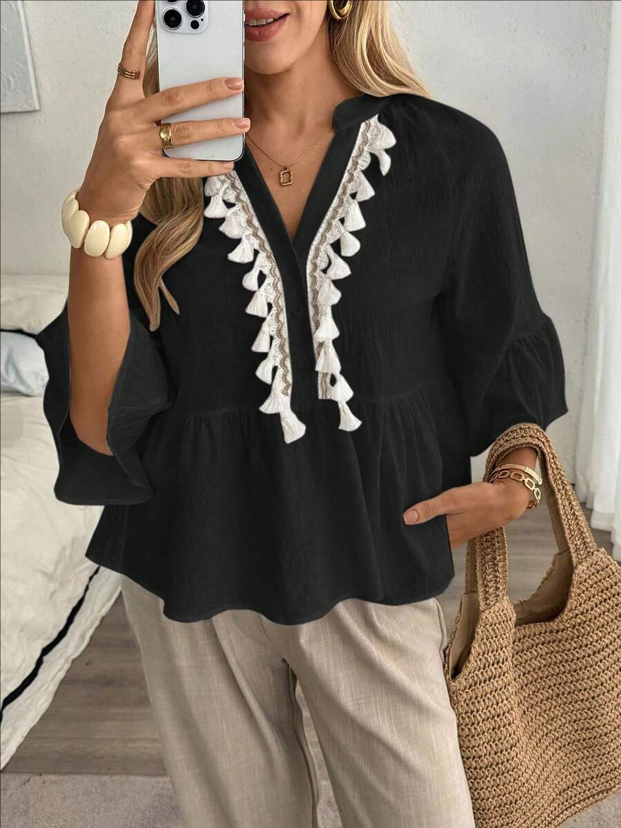 2026 European and American cross-border cross-border women's clothing Xiyin Independent Station Summer Solid color V-neck button tassel tie top Item Picture