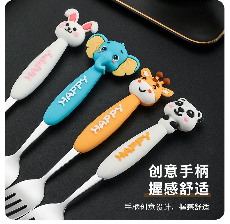 Cartoon rabbit and panda handle stainless steel knife, fork and spoon set with golden tableware pic 3