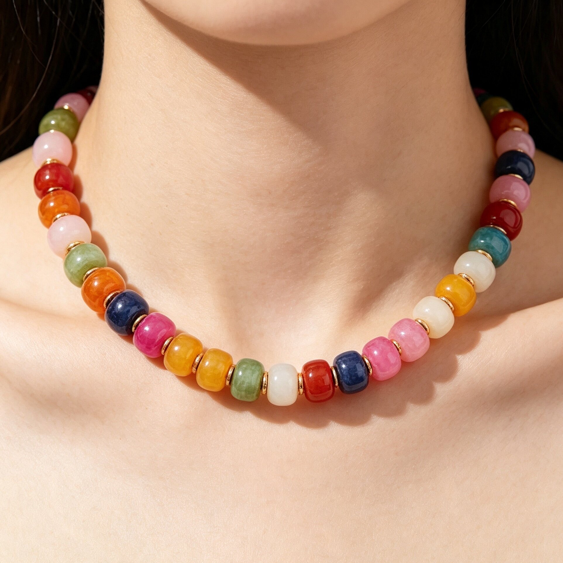 复古多彩算盘珠串珠项链 Beaded Necklace 民族风多色玉石撞色桶珠锁骨链女士国风颈饰跨境货源