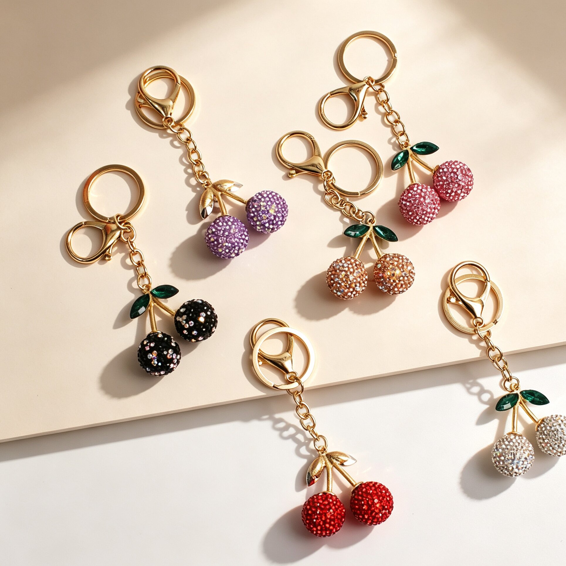 轻奢镶钻樱桃钥匙扣 Cherry Keychain 水钻水果包包挂件女士汽车挂饰跨境货源
