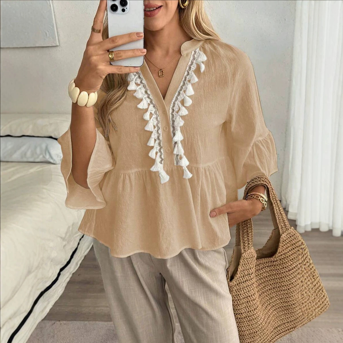 2026 European and American cross-border cross-border women's clothing Xiyin Independent Station Summer Solid color V-neck button tassel tie top Application Scenario