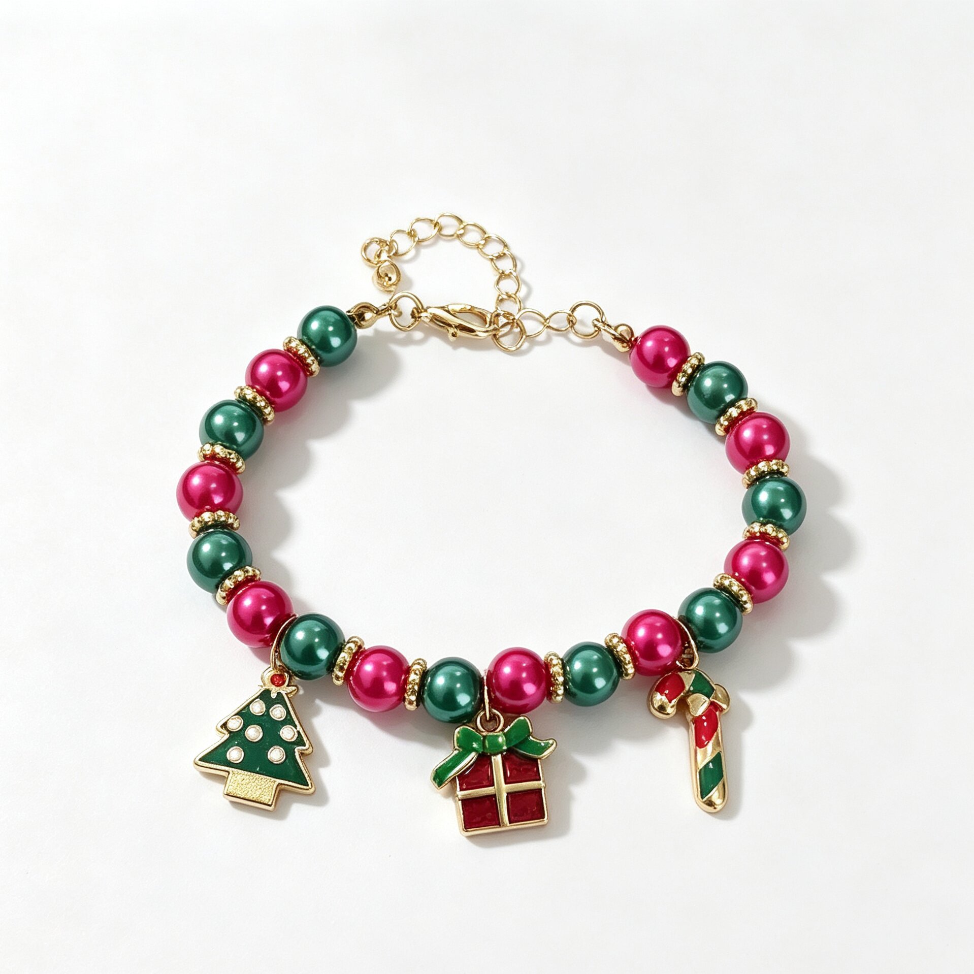 圣诞撞色珍珠串珠手链 Christmas Bracelet 圣诞树礼盒拐杖糖吊坠手串节日女士手饰跨境货源