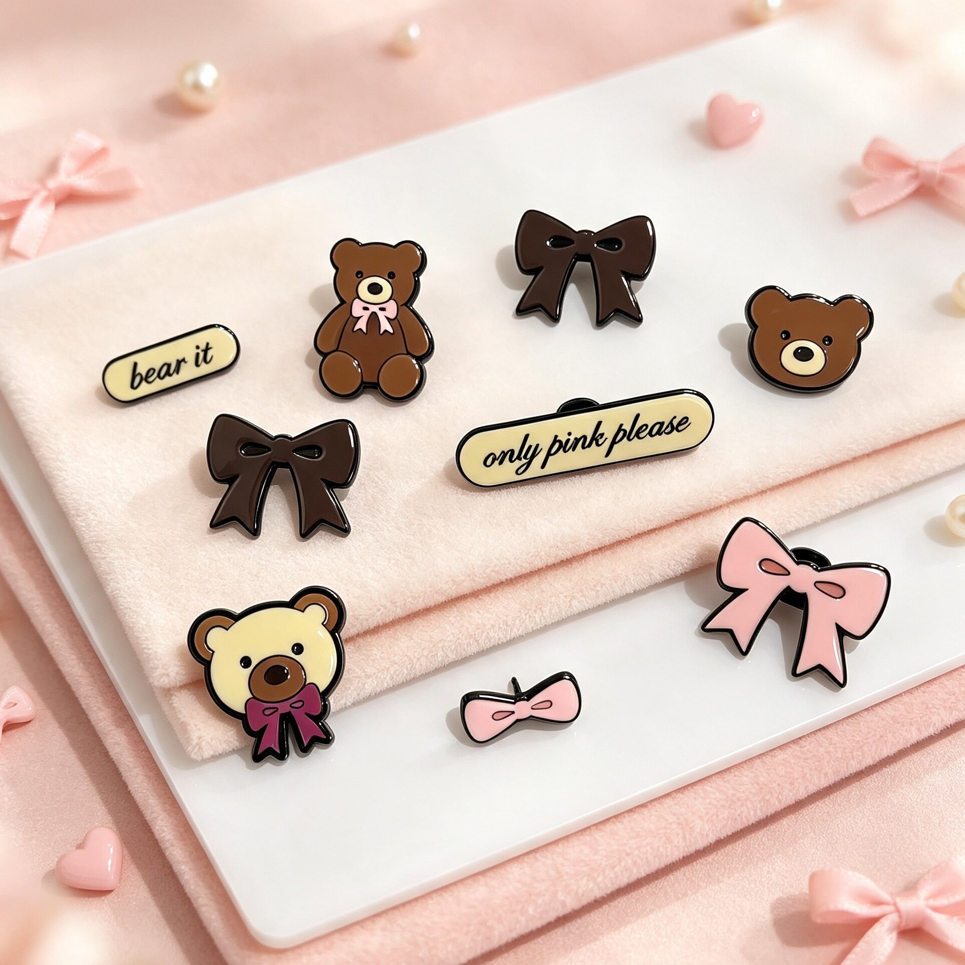 可爱小熊蝴蝶结胸针 Bear Bow Enamel Pin 卡通字母滴油徽章少女包包别针配饰跨境货源