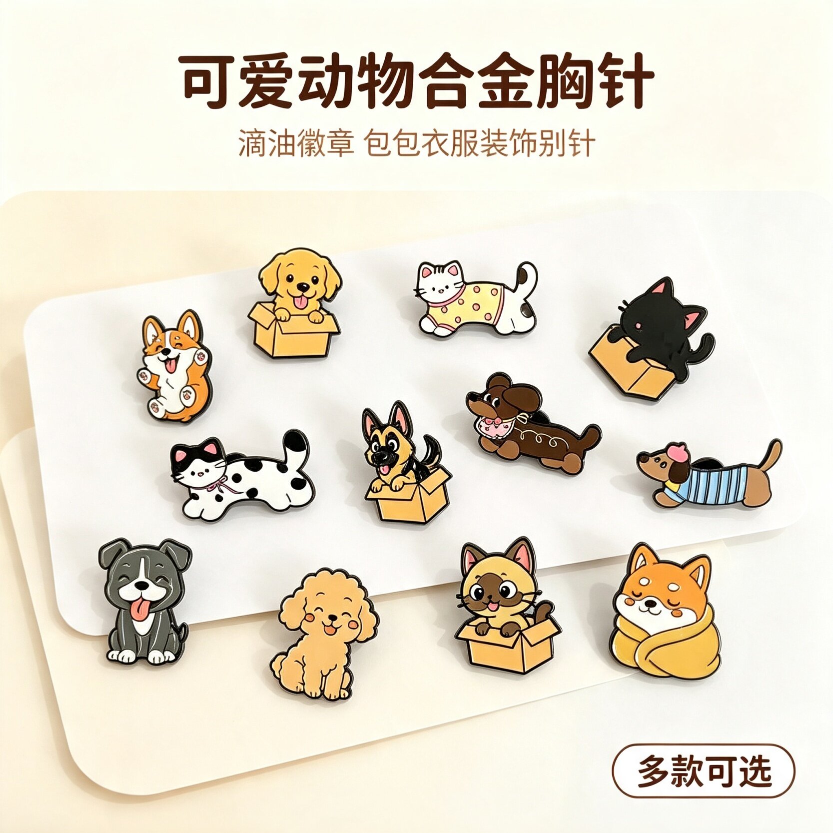 可爱卡通猫狗滴油胸针 Animal Enamel Pins 柯基柴犬腊肠犬猫咪金属徽章背包装饰别针外贸货源