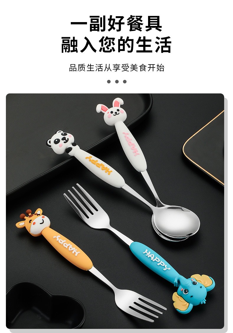 Cartoon rabbit and panda handle stainless steel knife, fork and spoon set with golden tableware pic 1