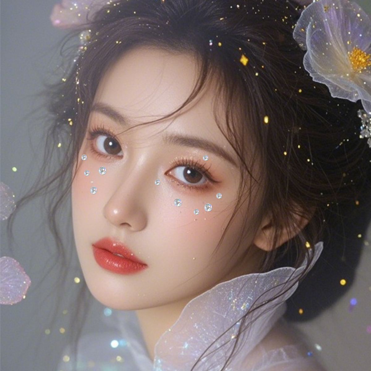 Full Sky Stars Laser white Diamond stickers, multi-sized round diamond self-adhesive water diamond stickers, music festival stage eye makeup, face decoration diamonds Application Scenario